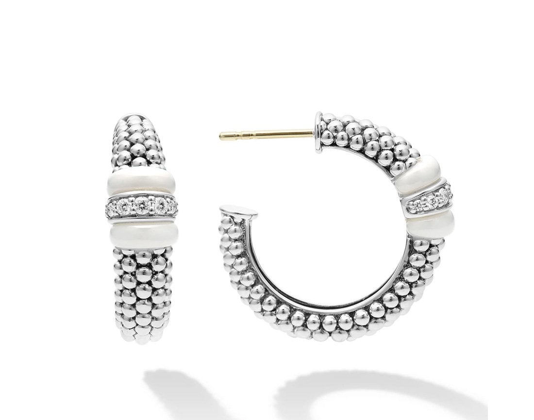 LAGOS "White Caviar" Ceramic Caviar Diamond Hoop Earrings