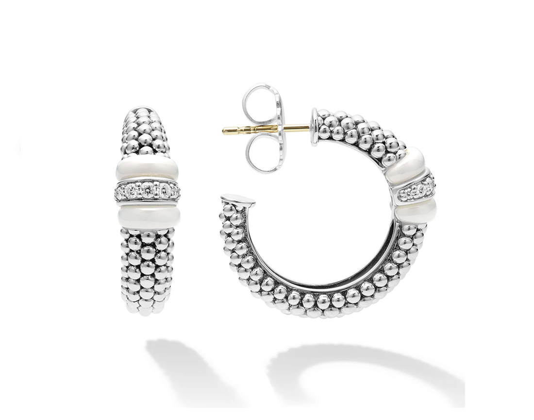 LAGOS "White Caviar" Ceramic Caviar Diamond Hoop Earrings