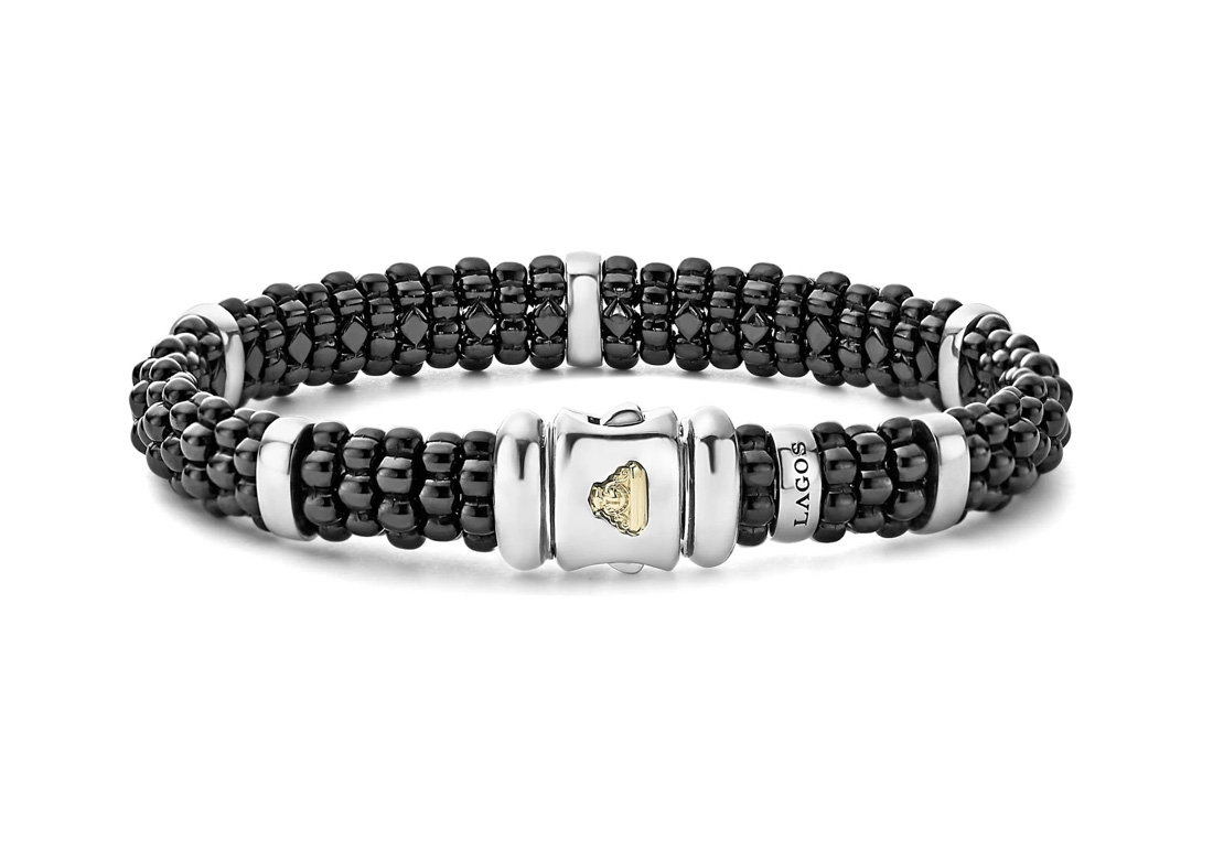 "Black Caviar" Beaded Bracelet with 5 Sterling Silver Stations, Size 7