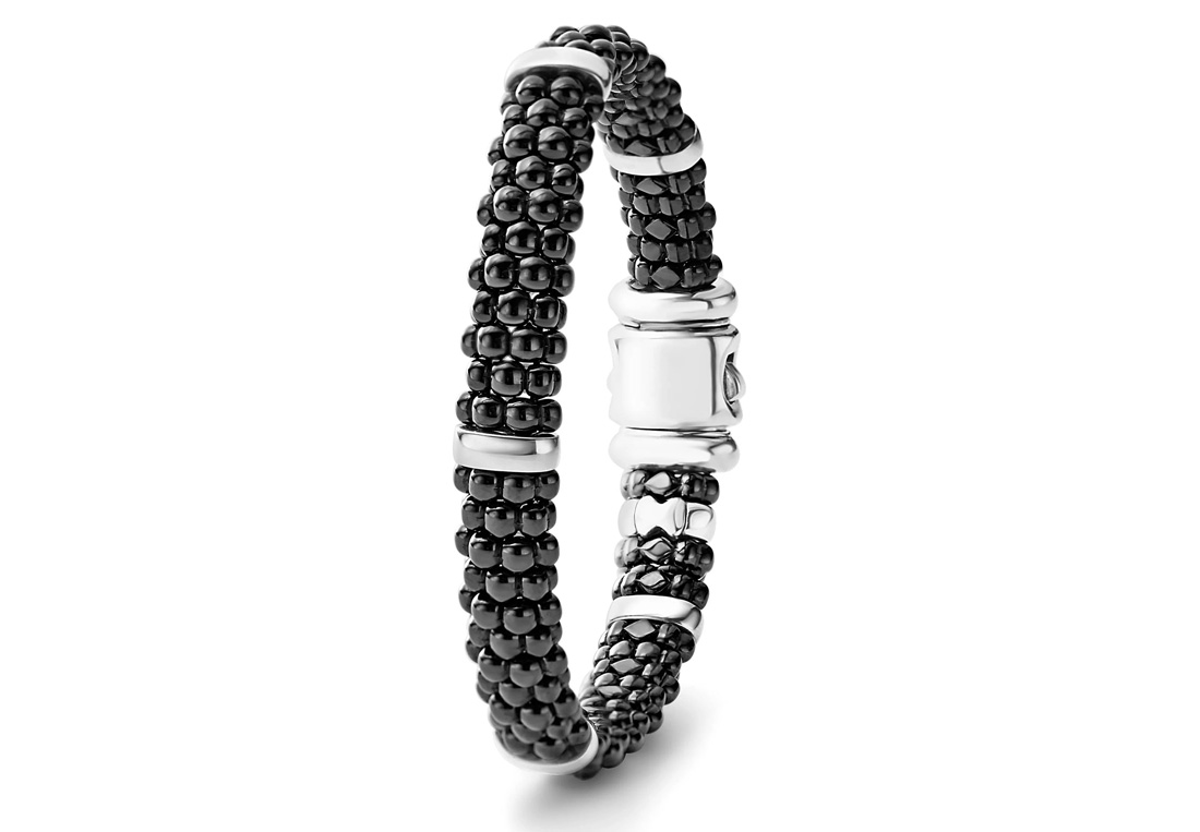 "Black Caviar" Beaded Bracelet with 5 Sterling Silver Stations, Size 7