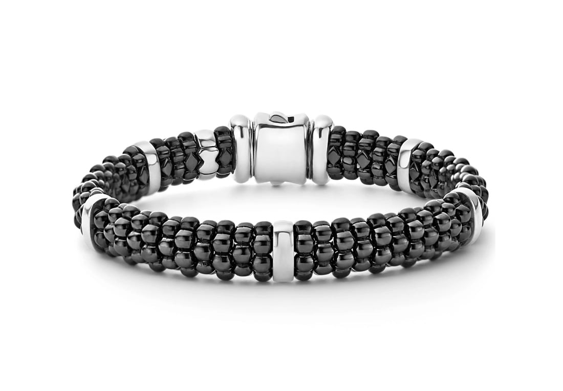 LAGOs "Black Caviar" Beaded Bracelet with 5 Sterling Silver Stations, Size 7