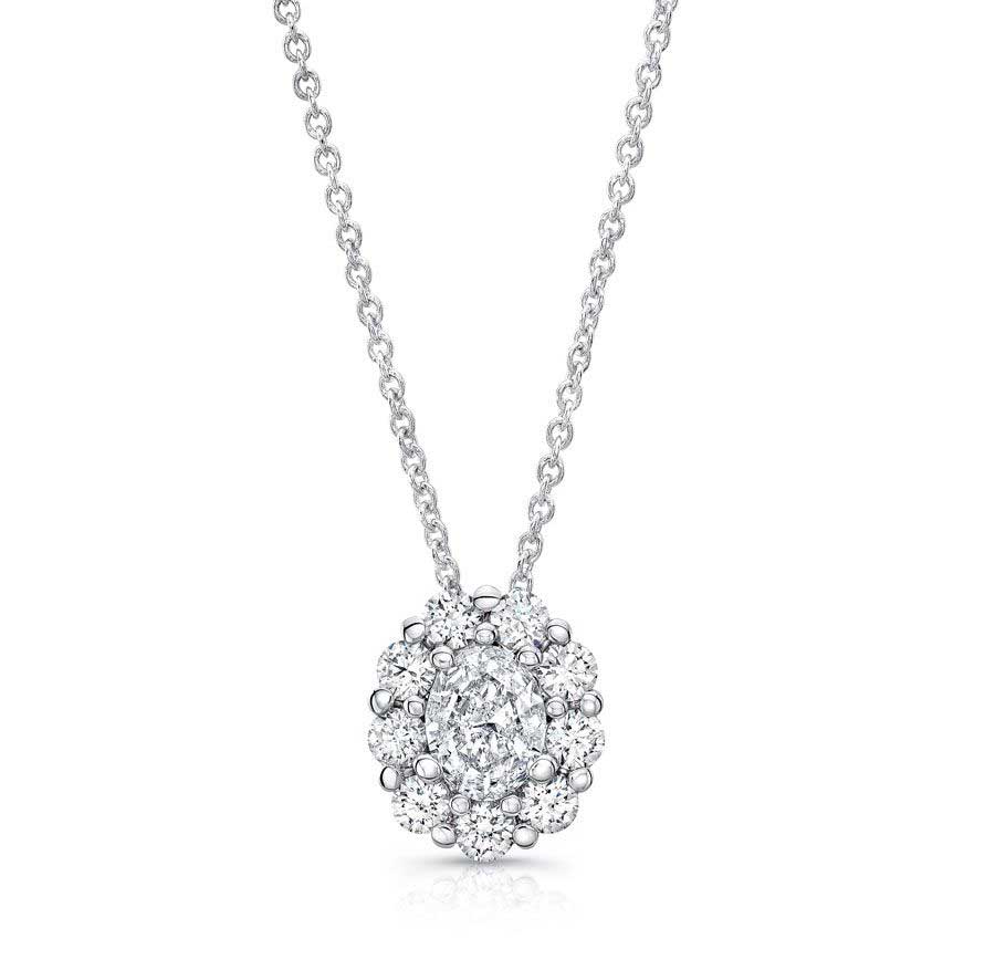 Uneek Jewelry Oval Diamond Pendant Women's Necklace with Scallop in 18kt White Gold