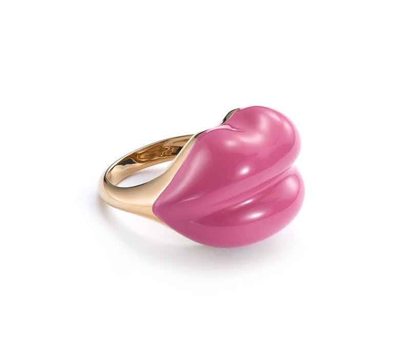 Pink Enamel "Lips" Ring in Rose Gold 