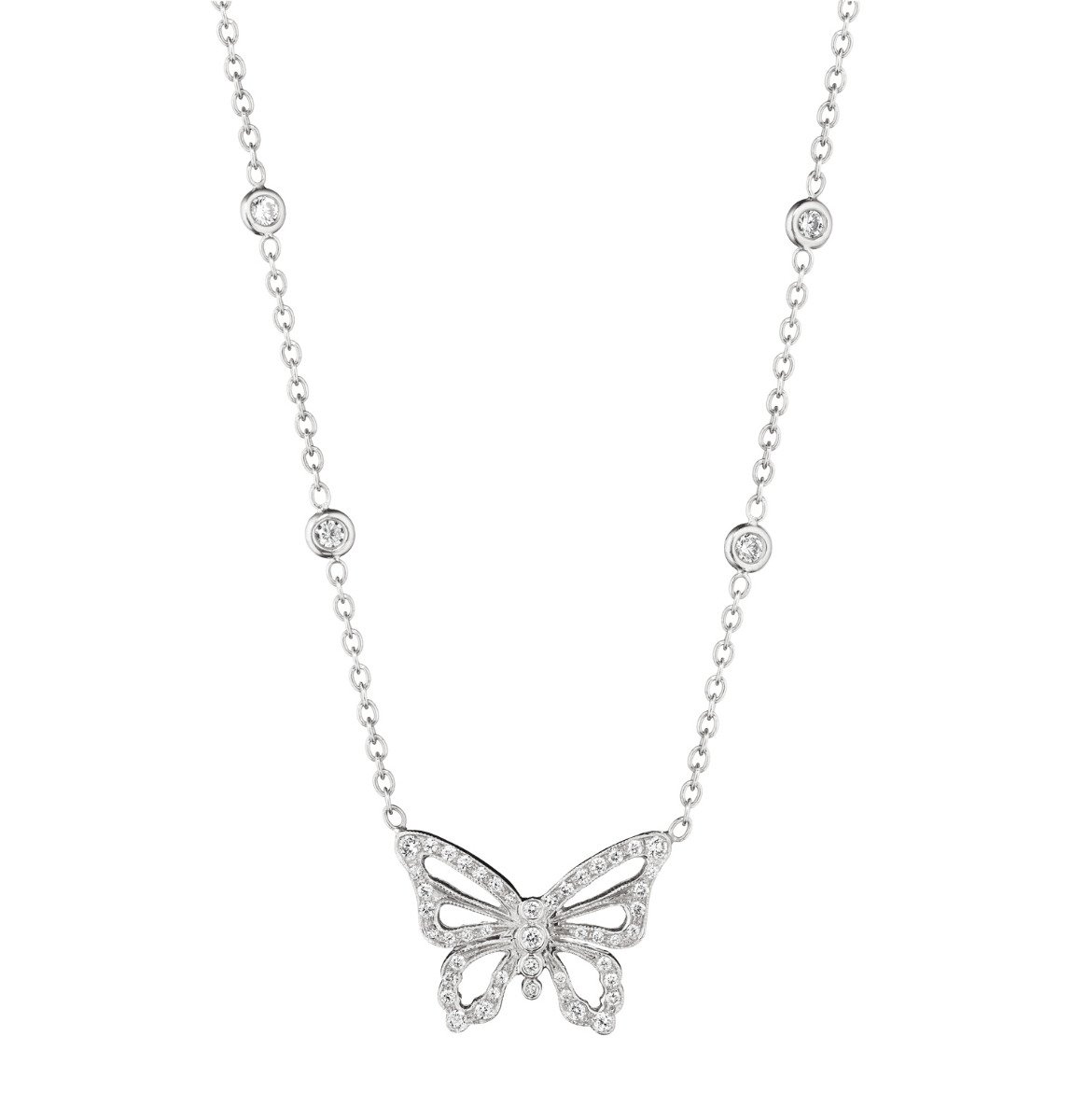 Penny Preville Diamond butterfly necklace in 18kt white gold with eyeglass diamond chain