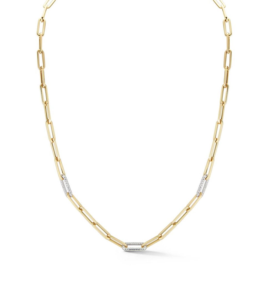 Beny Sofer 14kt Two Tone Paperclip Gold Link Necklace with 3 Diamond Pave Links