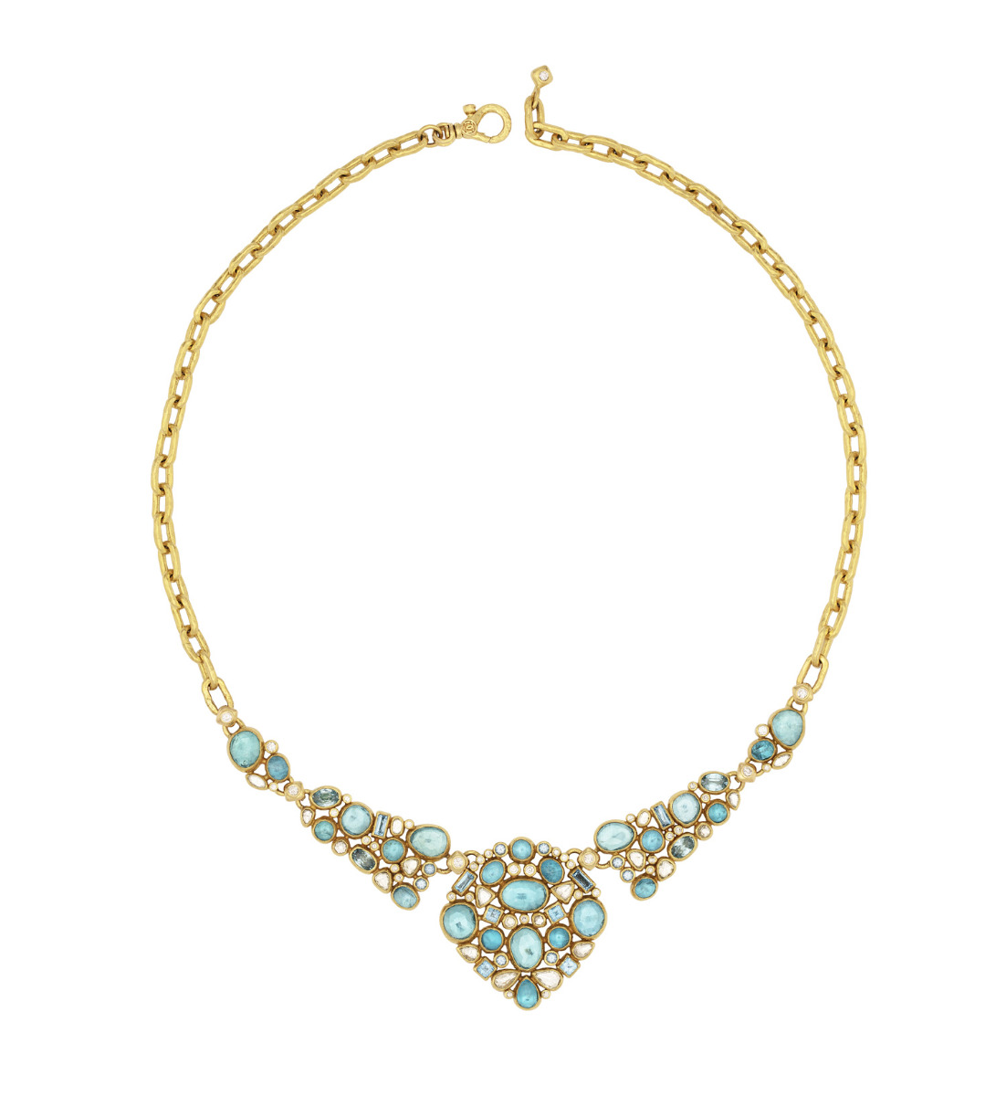 Gurhan Pointelle Gold Bib Short Necklace, Mixed Shaped Cluster Elements, with Mixed Blue Stones