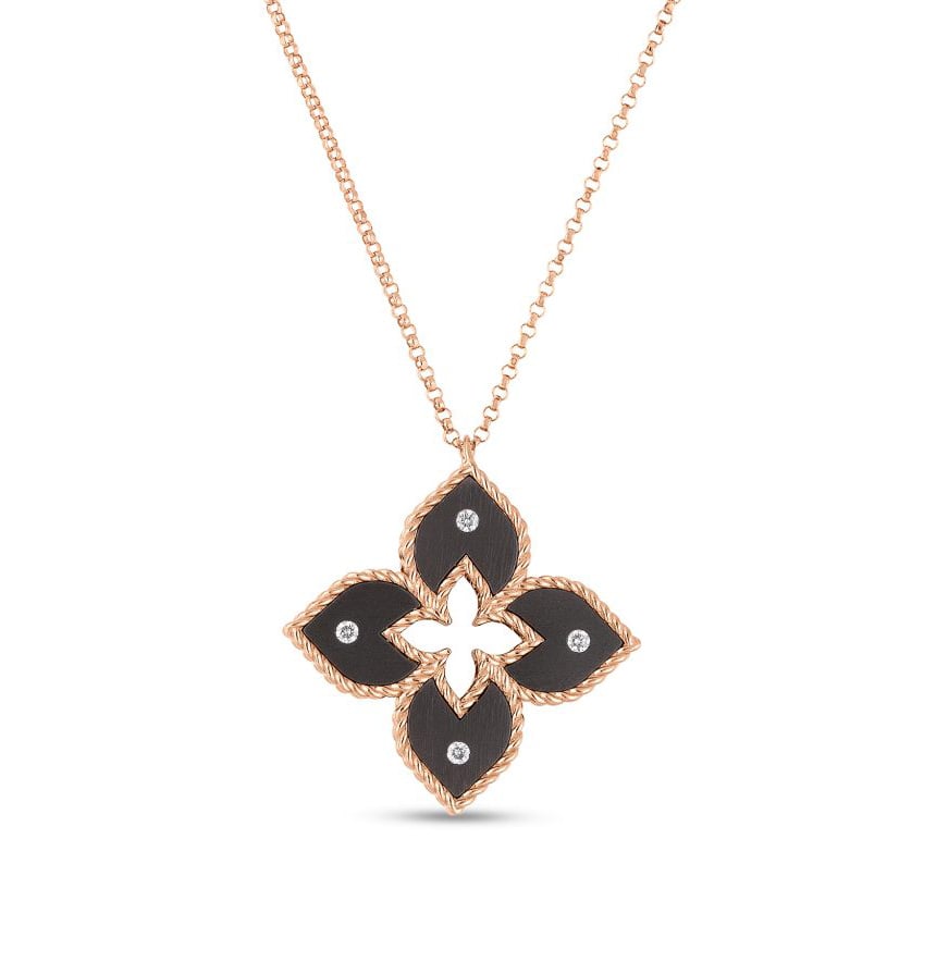 “Venetian Princess” Grey Titanium & Gold Diamond Flower Pendant Necklace