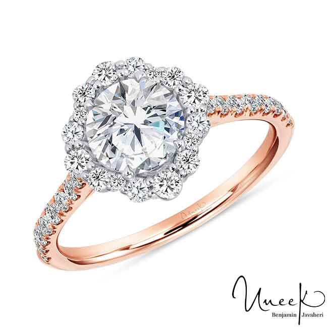 Uneek Petals Design Round Diamond Engagement Ring with Pave Diamond Shank in 14kt Rose Gold