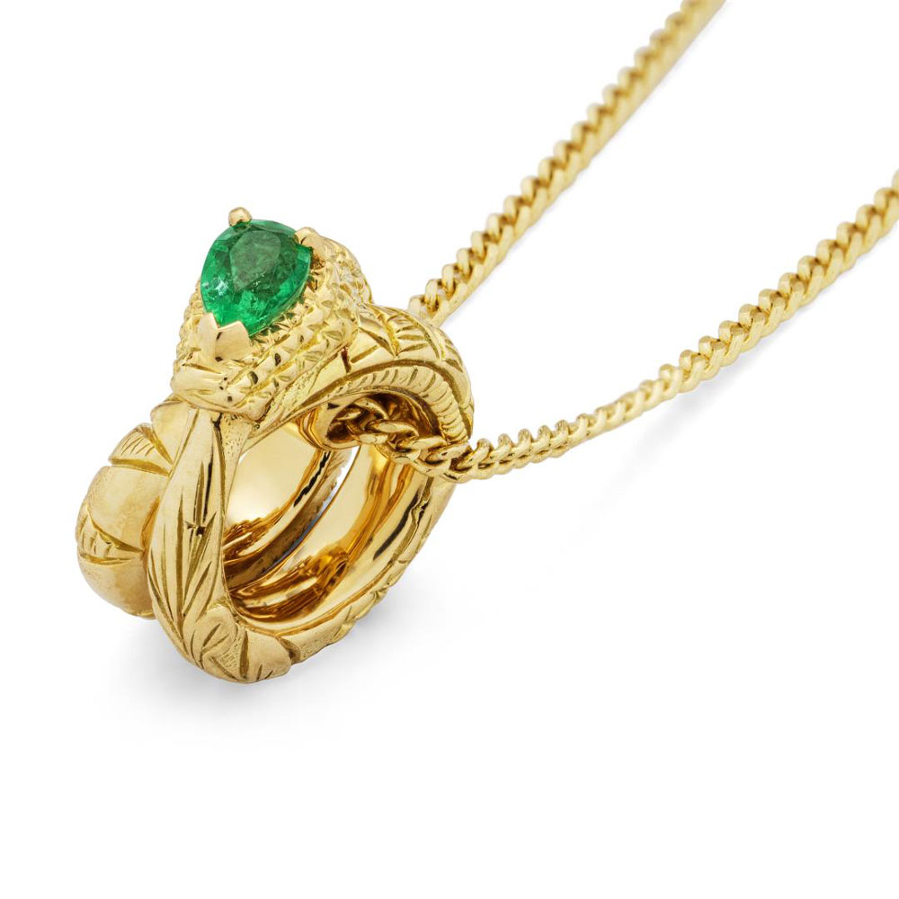 Gucci "Ouroboros" Emerald Snake Pendant Necklace in 18kt Yellow Gold