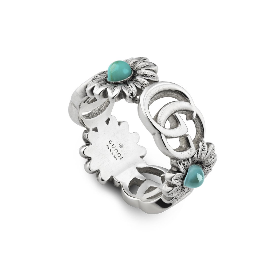 Gucci "GG Marmont" Sterling Silver Ring With Mother of Pearl, Blue Topaz Flowers (7.25)