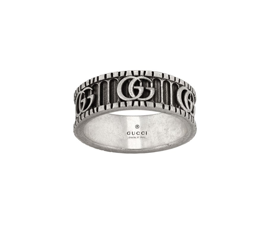 Gucci "GG Marmont" Aged Finish Sterling Silver Men's Ring, Size 8