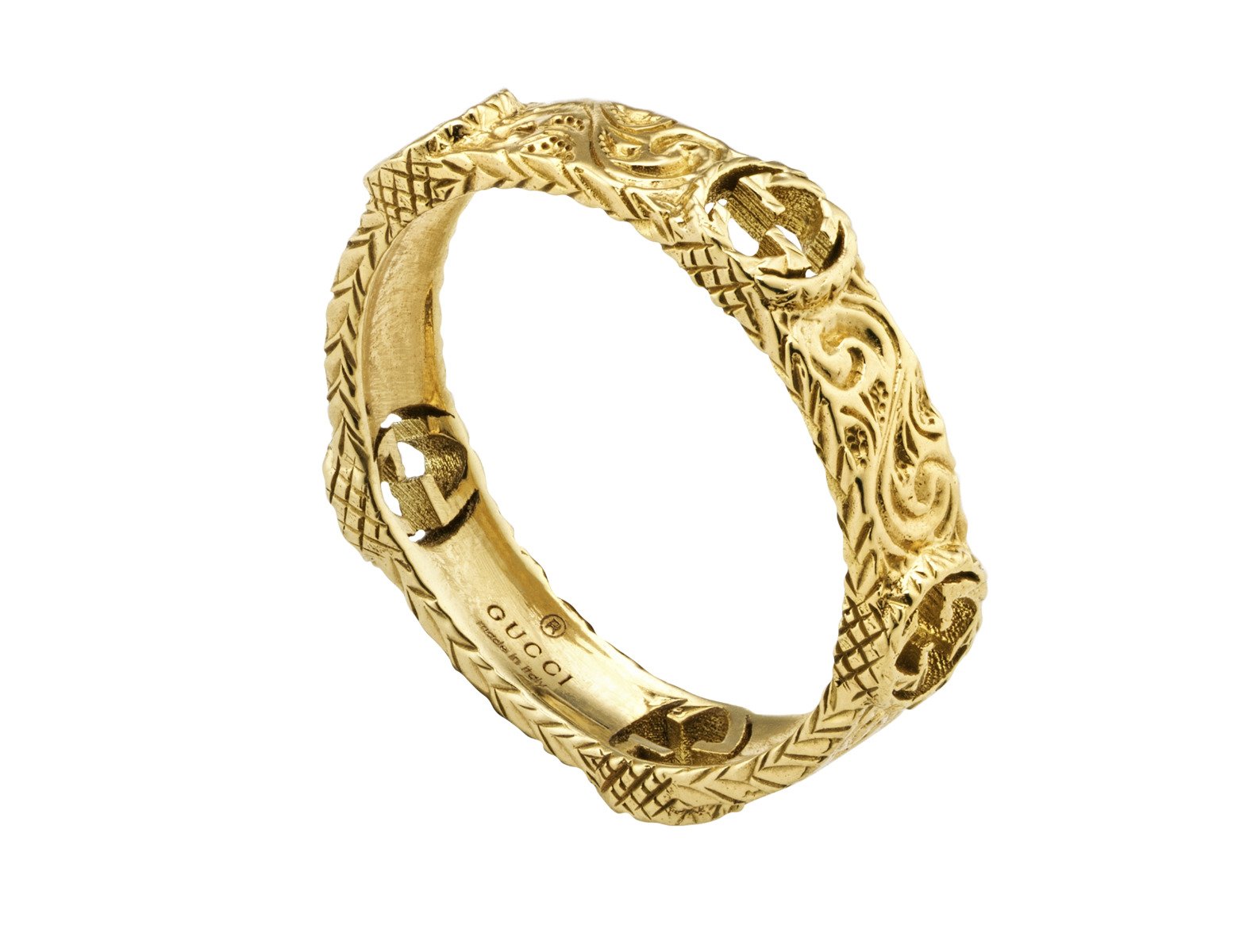 Gucci "Interlocking G" 18kt Yellow Gold Engraved Ring (6.5)