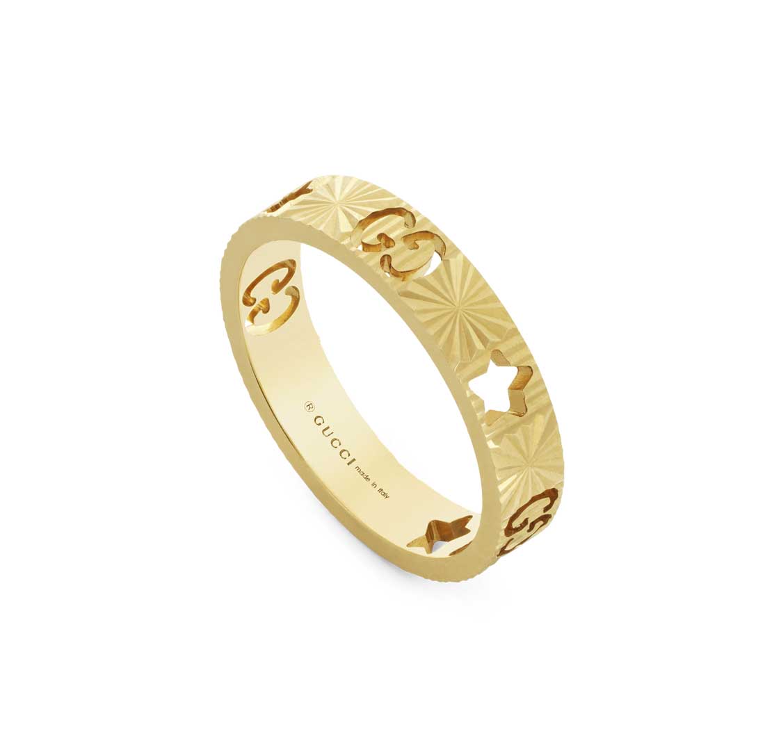 Gucci "Icon" 18kt Yellow Gold Ring With Stars, Size 5.75
