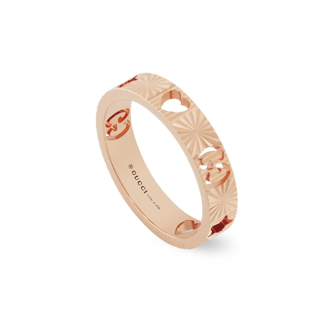 Gucci "Icon" 18kt Rose Gold Ring With Stars, Size 7.25