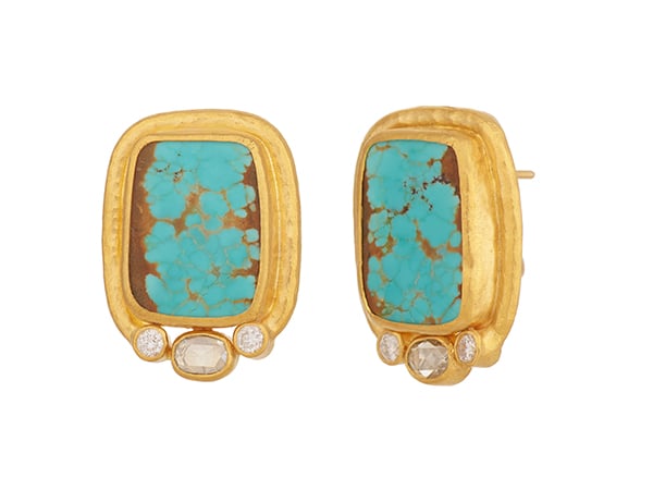 Gurhan Muse earrings in 24k gold with No. 8 turquoise and diamonds