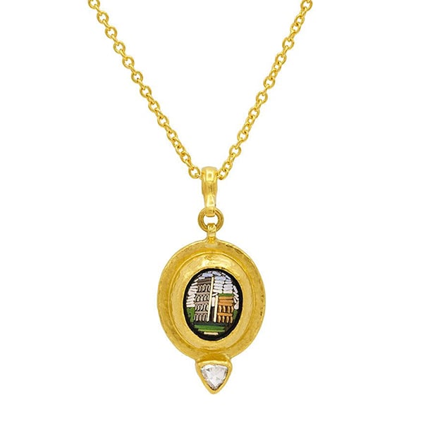 Gurhan Antiquities micromosaic pendant necklace in 22k and 24k gold with 0.17 ct. diamond